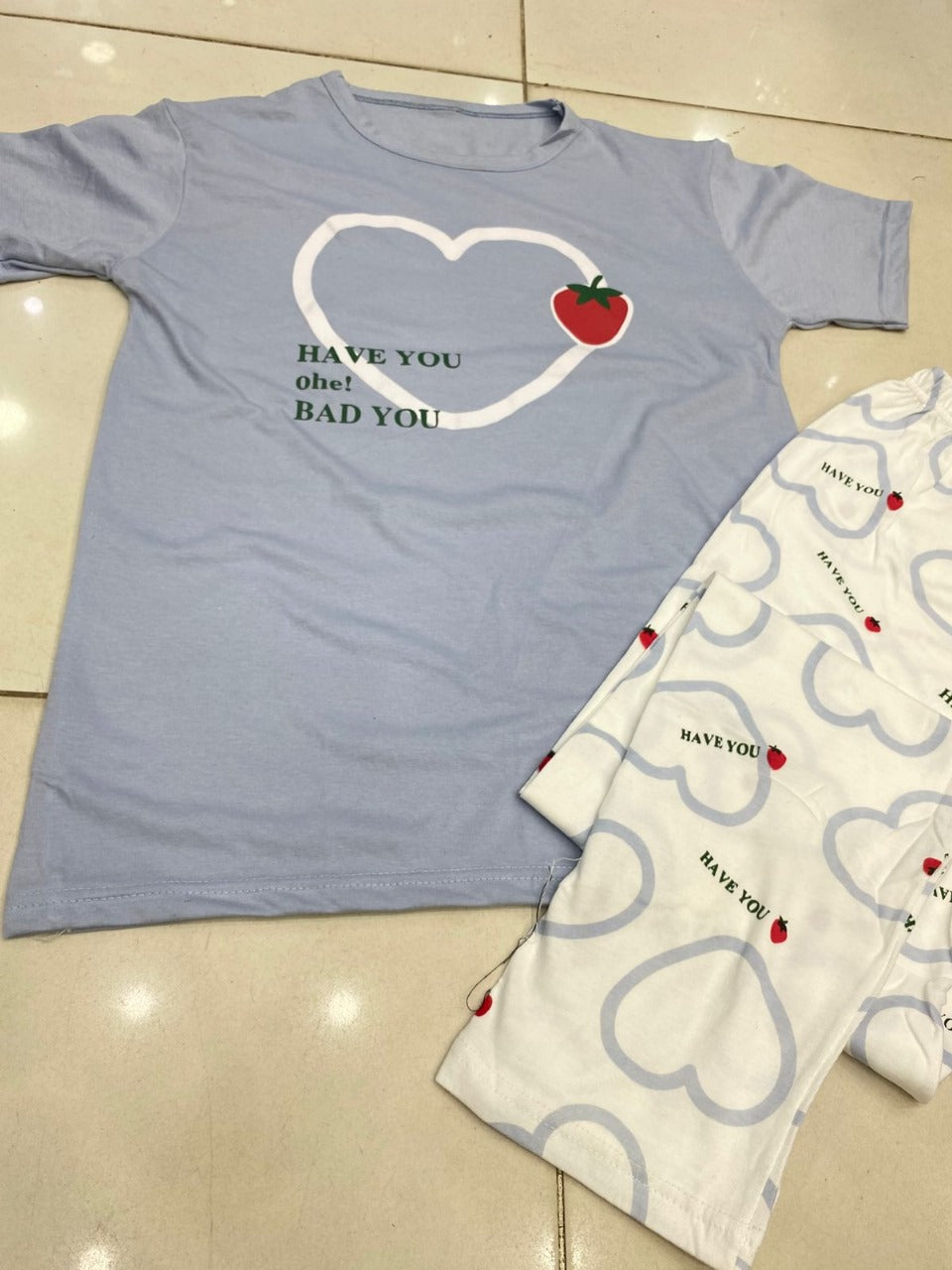 11.11 Sale STRAW BERRY HEART SKY BLUE PJ SUIT FOR WOMEN P-11