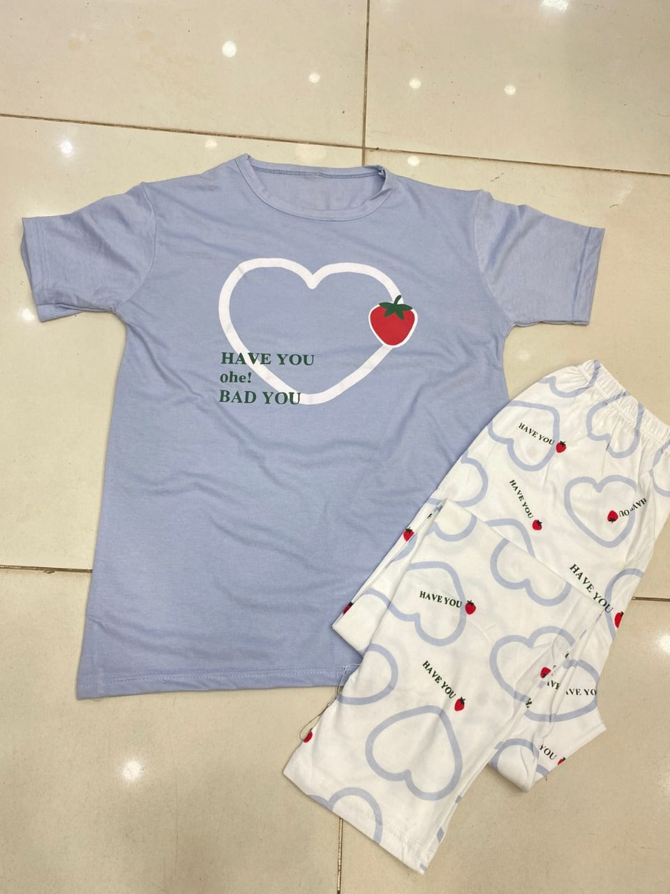 11.11 Sale STRAW BERRY HEART SKY BLUE PJ SUIT FOR WOMEN P-11