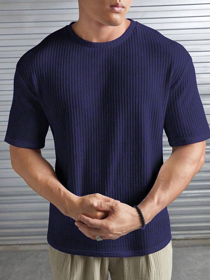 Oversized Waffle Knit Tee For Men - Navy Blue