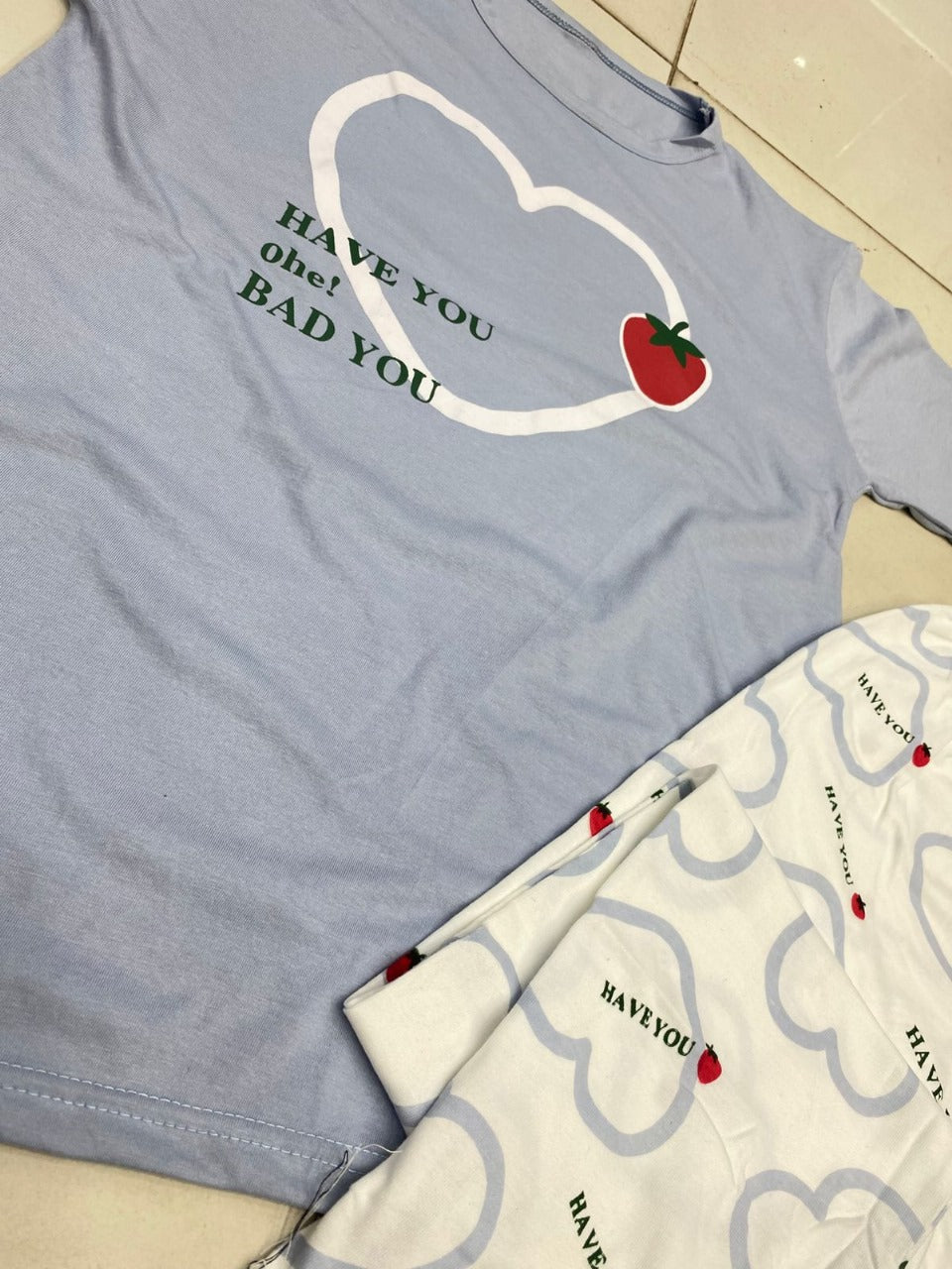 11.11 Sale STRAW BERRY HEART SKY BLUE PJ SUIT FOR WOMEN P-11