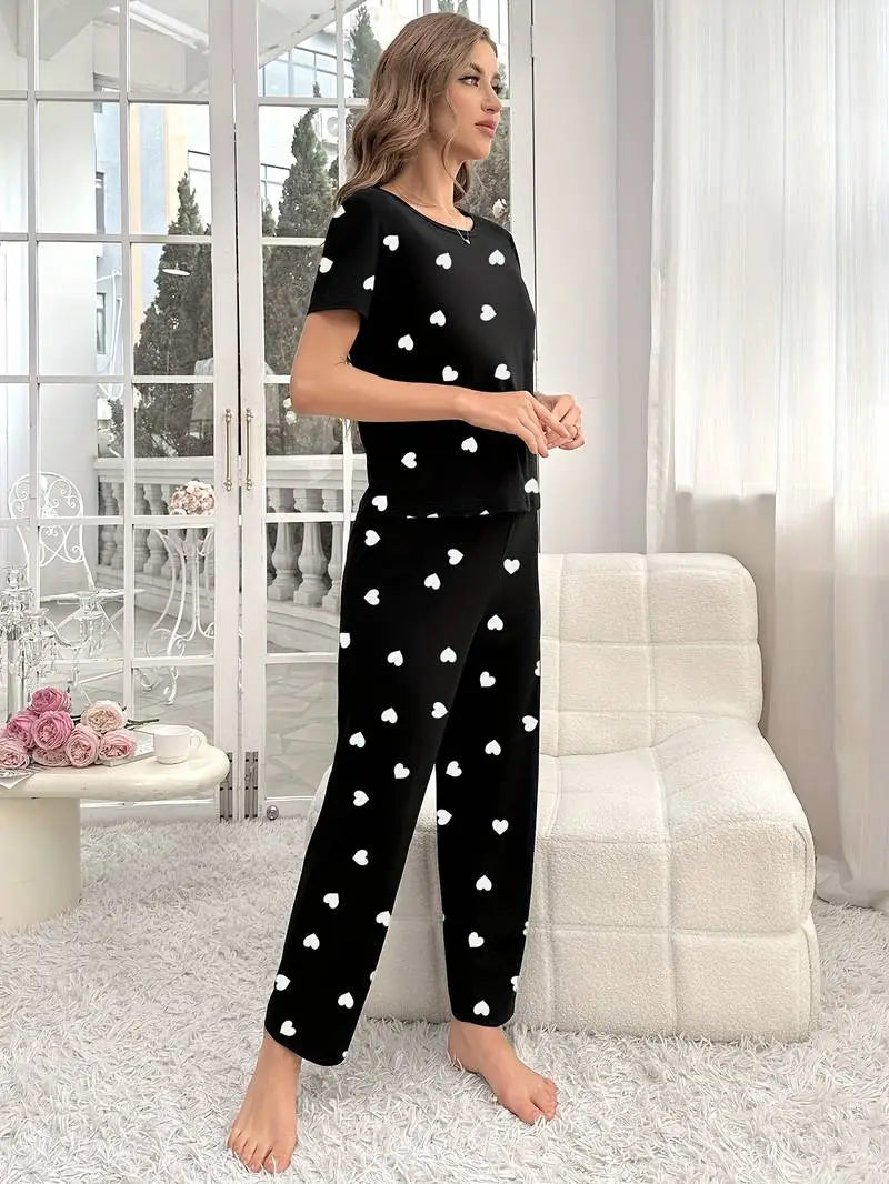 Black Hearts Printed Half Sleeves PJ Suit