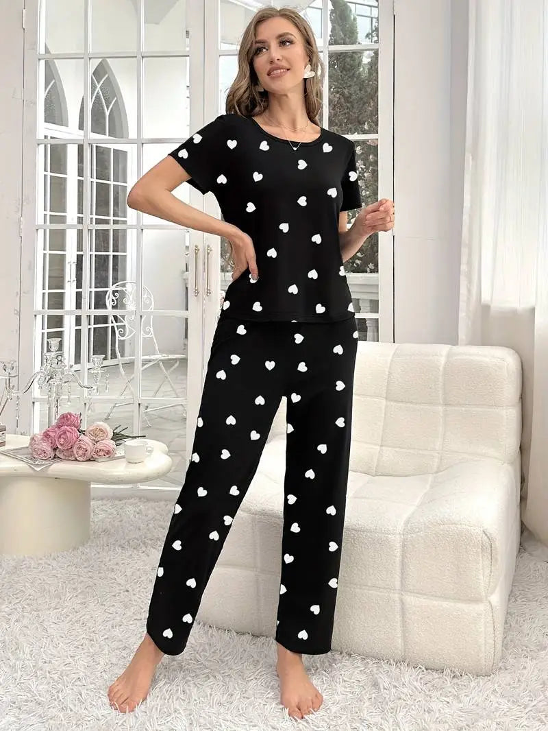 Black Hearts Printed Half Sleeves PJ Suit