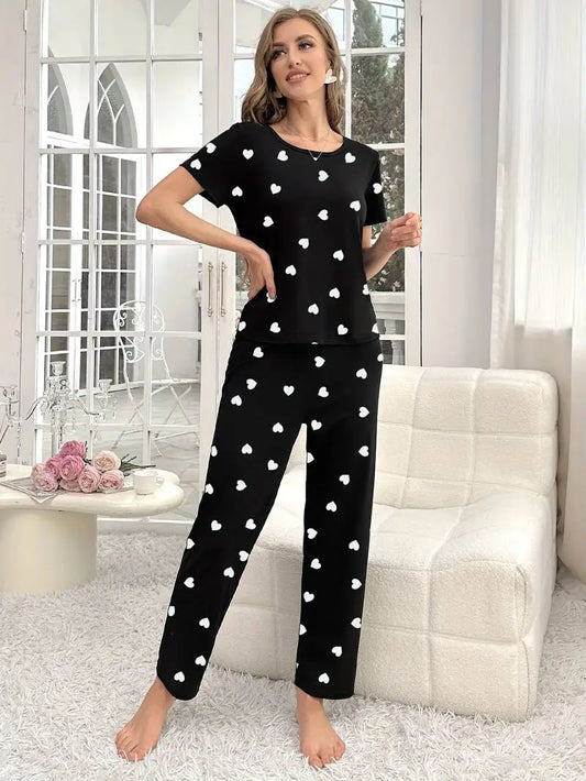 Black Hearts Printed Half Sleeves PJ Suit