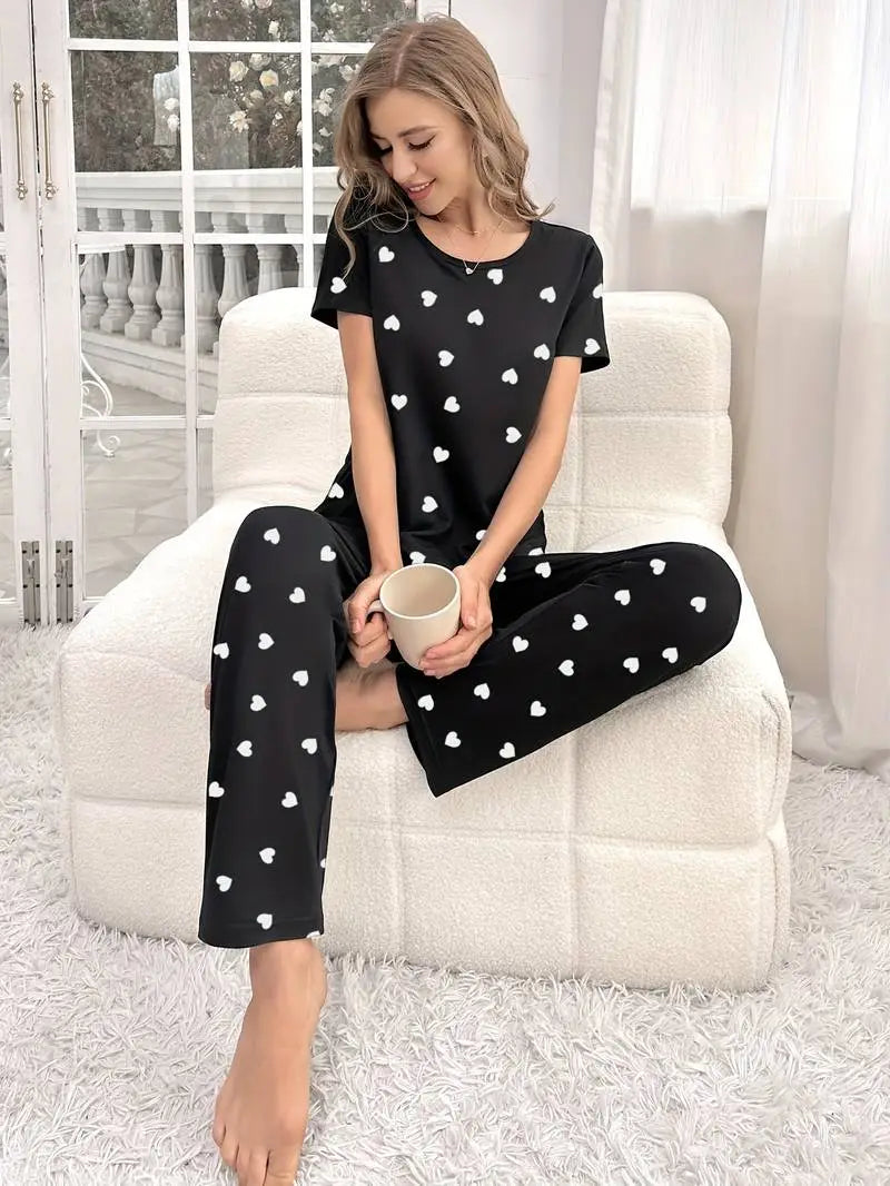 Black Hearts Printed Half Sleeves PJ Suit