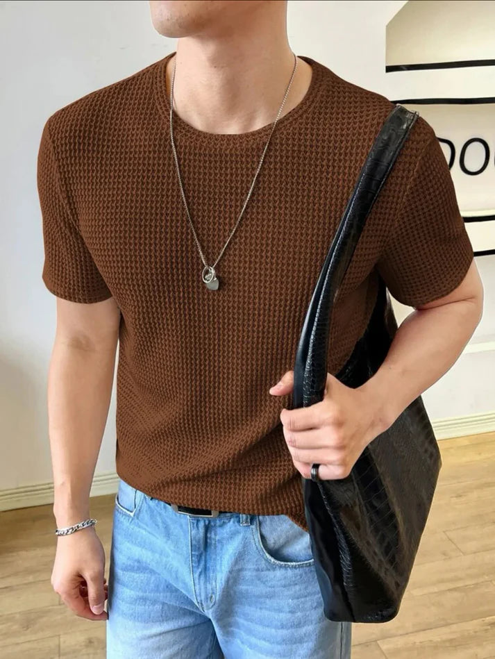 Waffle Knitted Tshirt - Dark-Brown